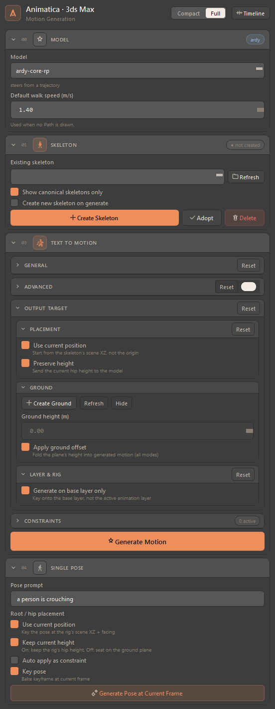The Animatica tool window with every section expanded: Model, Skeleton, and Text to Motion with its General, Advanced and Output Target groups, the collapsed Constraints sub-card, the Generate Motion button, and Single Pose at the bottom.