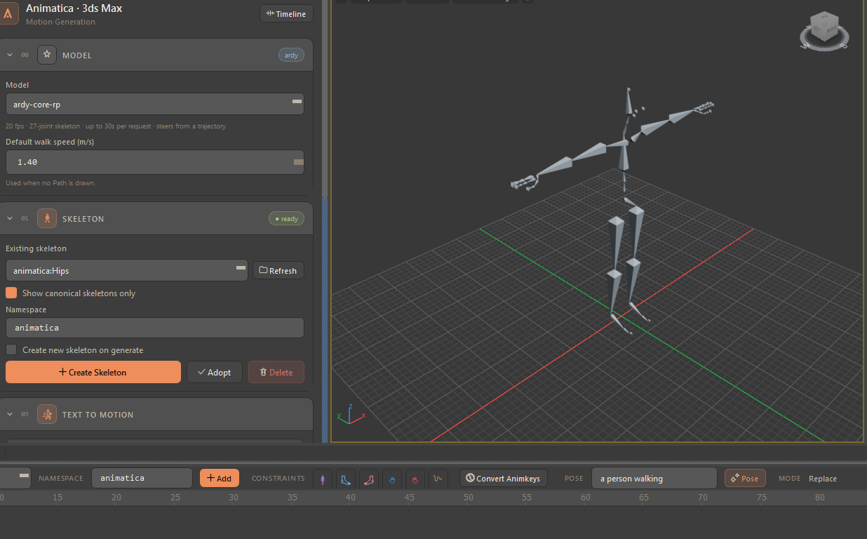 The Animatica tool window docked to the left of the 3ds Max viewport, showing the Model and Skeleton cards with the Create Skeleton button, a freshly created bone skeleton in the viewport, and the Animatica Timeline running along the bottom of the screen.