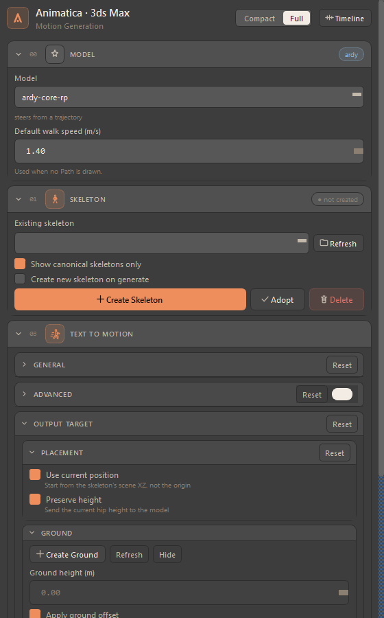 The same tool window in the Full layout: the Skeleton card gains the canonical filter, the create-on-generate checkbox and the Adopt button, and Text to Motion shows its General, Advanced and Output Target groups.