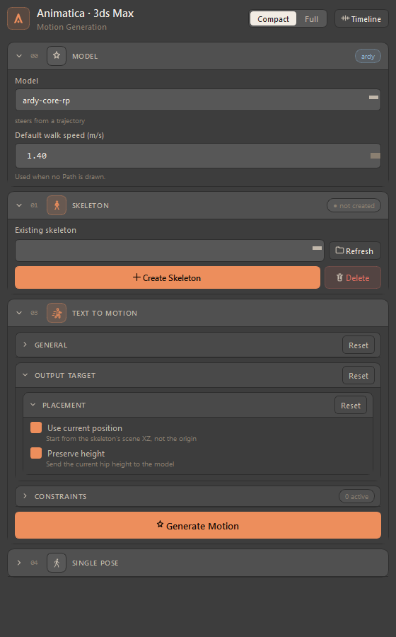 The Animatica tool window as it opens on a fresh install, in the Compact layout: the header with the Compact / Full switch and the Timeline button, then the Model, Skeleton, Text to Motion and Single Pose cards, with the Skeleton pill reading "not created".