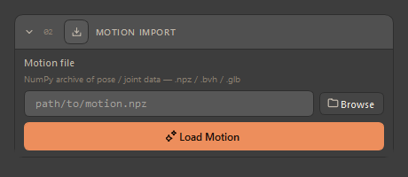 The Motion Import window: the motion-file field with its Browse button and the Load Motion button below it.