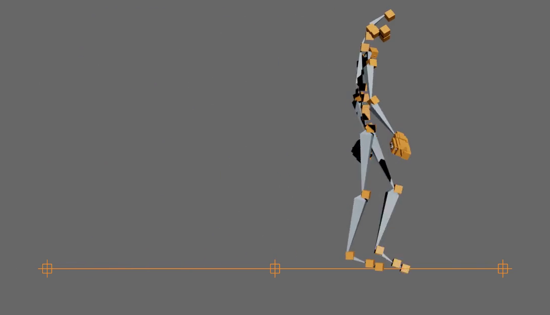The 3ds Max viewport seen from the side: a rig mid-stride, and the orange Path it follows running edge-on as a horizontal line with three waypoint markers spaced along it.