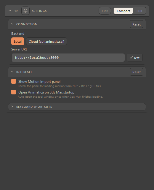 The Settings window in its Compact layout: Connection, Interface and Keyboard Shortcuts only.