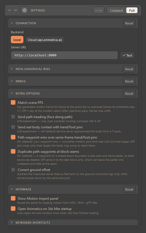 The Settings window in the Full layout with every group expanded: Connection, Non-canonical rigs, Debug, Extra options, Interface and Keyboard Shortcuts, with the window's own Compact / Full switch in the card header.