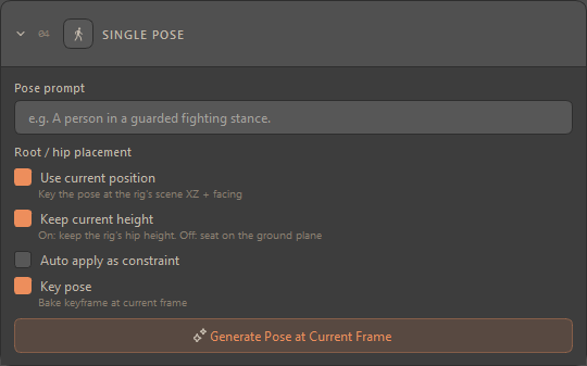 The Single Pose card expanded, showing the pose-prompt field, the placement and constraint checkboxes, and the Generate Pose at Current Frame button.