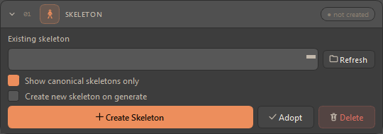The Skeleton card expanded: the existing-skeleton picker with Refresh, the "Show canonical skeletons only" filter, the "Create new skeleton on generate" checkbox, and the Create Skeleton, Adopt and Delete buttons.