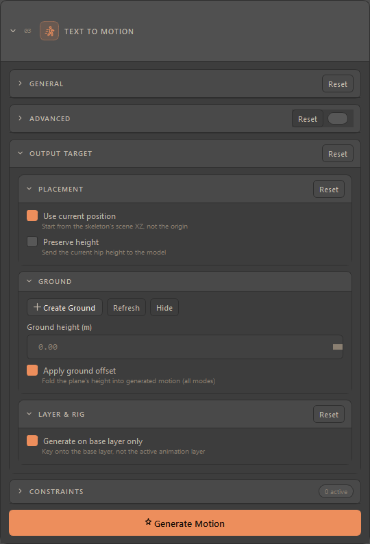 The Text to Motion card expanded, showing the collapsed General and Advanced groups, the Output Target group with its Placement, Ground and Layer & Rig blocks, the collapsed Constraints sub-card with its "0 active" pill, and the Generate Motion button.