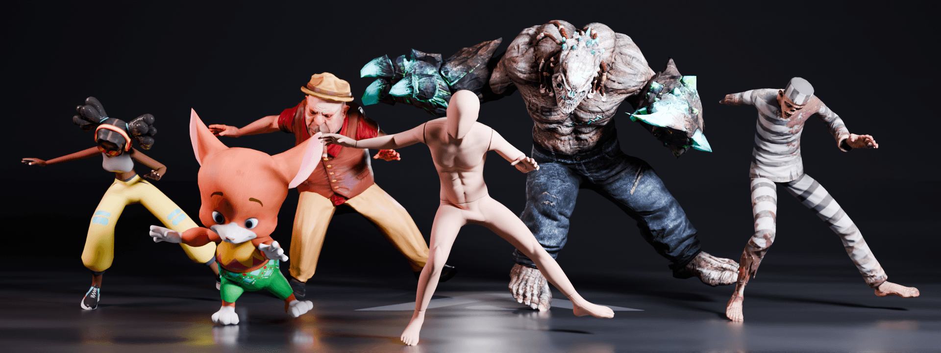 Six different humanoid characters (stylized, fox-anthro, realistic, base mannequin, armored hulk, and mummy), all hitting the same keyframed pose on a shared stage.