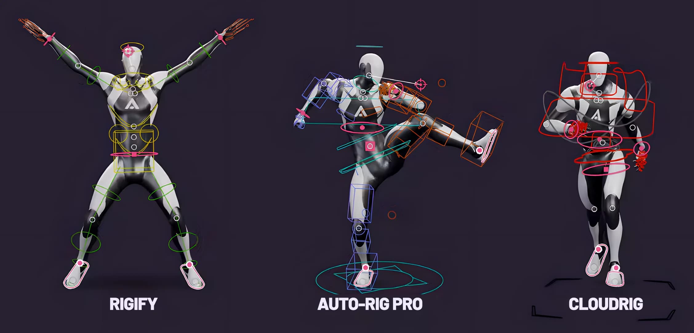 A Rigify, an Auto-Rig Pro and a CloudRig character, each posed through its own FK controls