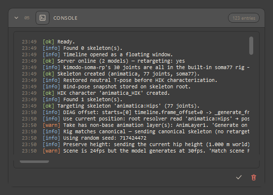 The Console window: timestamped entries tagged ok, info and warn, from "Ready." through skeleton creation, HIK characterization and a generate run, with the entry count in the header pill and the Copy and Clear buttons below.
