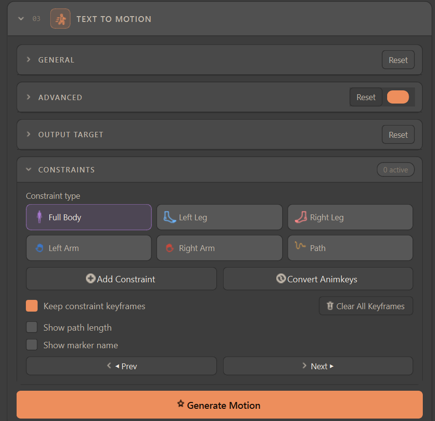 The Constraints sub-card: the 3×2 type picker (Full Body, Left/Right Leg, Left/Right Arm, Path) with Add Constraint, Convert Animkeys, and frame navigation.