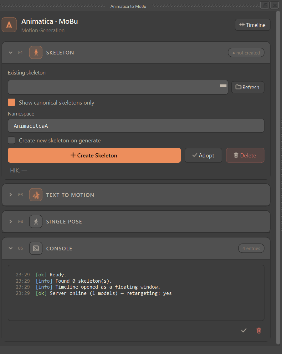 The main Animatica window: numbered workflow cards (Skeleton, Text to Motion, Single Pose, Console) with the Timeline button top-right.