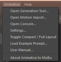 The Animatica menu open in the MotionBuilder menu bar: Open Generation Tool, Open Motion Import, Open Console, Settings, Toggle Compact / Full Layout, Load Example Prompt, User Manual, and About Animatica to MoBu.