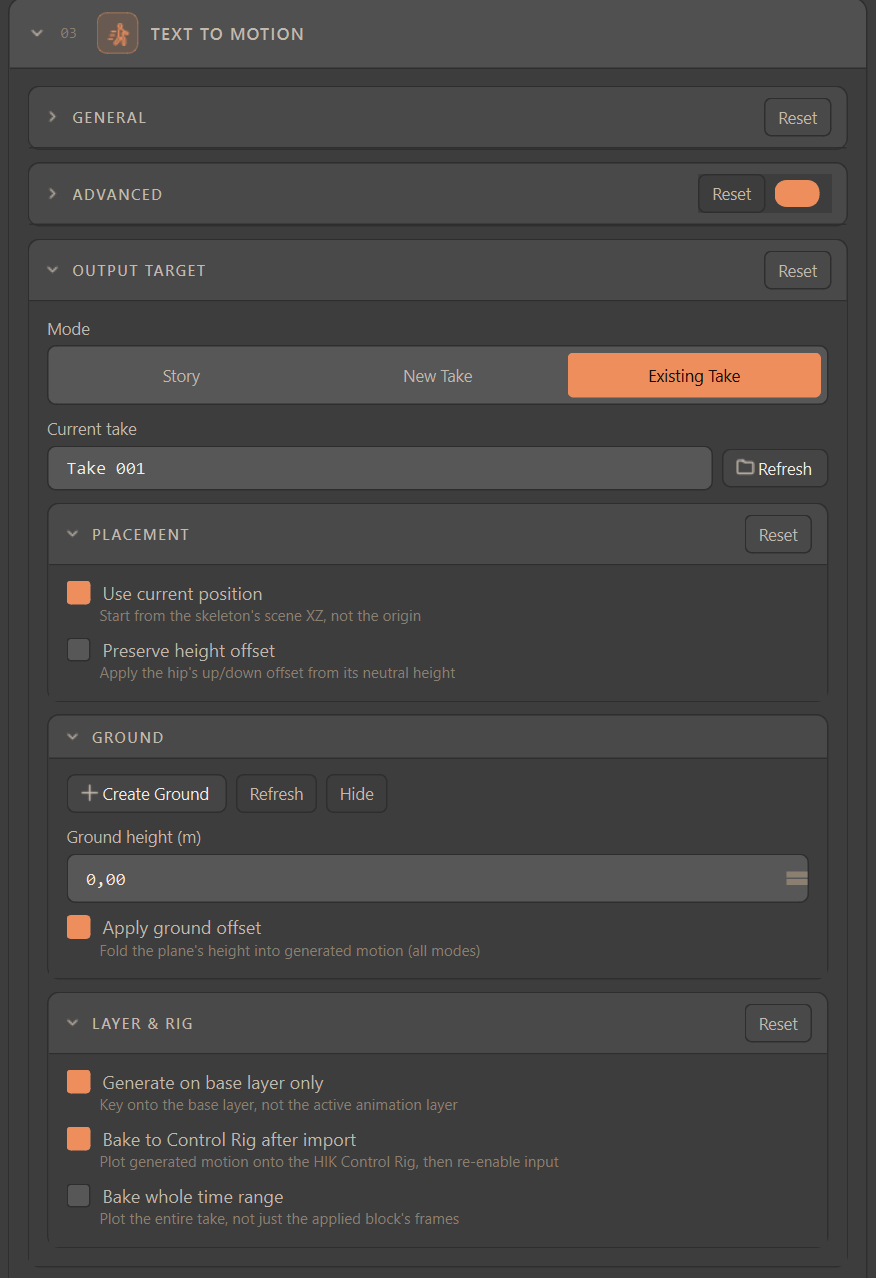 Output Target with Existing Take selected — mode segment, current-take display, Placement, Ground, and Layer & Rig groups.