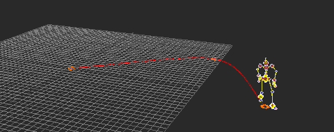 The MotionBuilder viewport: a rig at the end of its run, and the orange Path behind it bending smoothly through three waypoint markers.