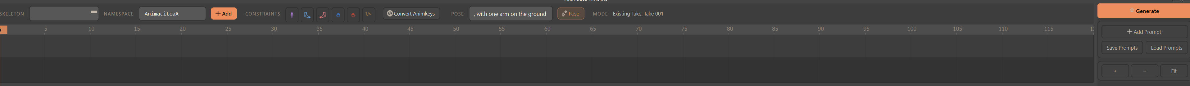 The Prompt Timeline window. Header (left→right): Skeleton selector, Namespace, Add, Constraints icons, Convert Animkeys, inline Pose, Mode, and Generate; the ruler holds the prompt blocks.