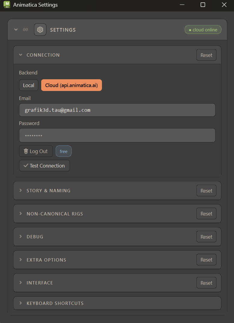 The Settings window: backend toggle (Local / Cloud), login, and the collapsible option groups. Header pill shows "cloud online".