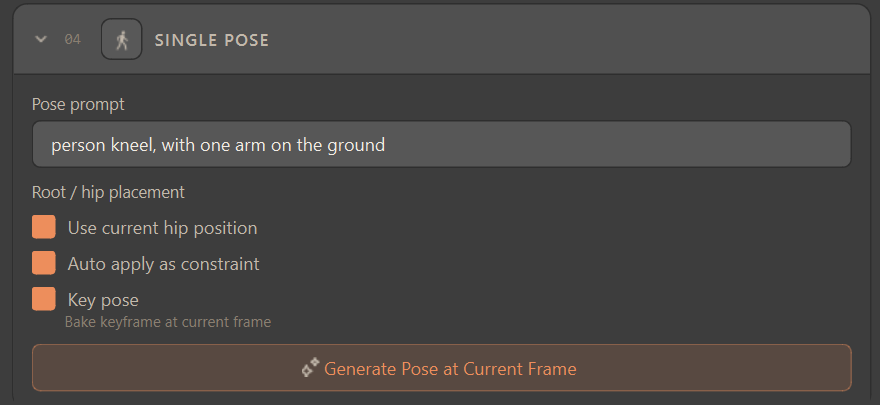 Single Pose: a short pose prompt plus placement / constraint / key-pose flags and the Generate Pose button.