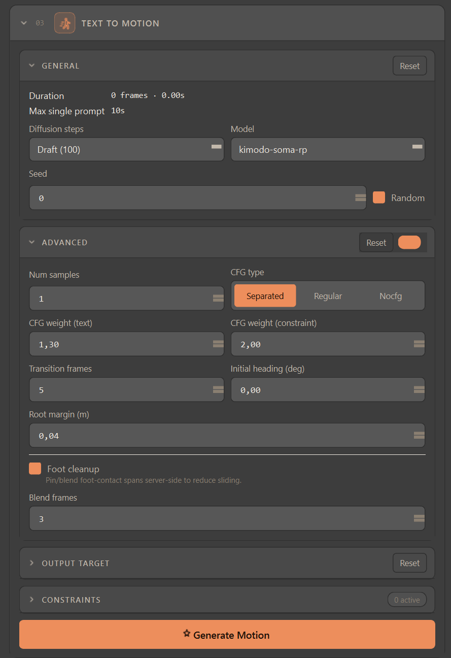 Text to Motion — General (diffusion steps, model, seed) and Advanced (samples, CFG, transition frames, heading, server post-processing, root margin).